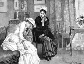 Sophy, huddled upon the sofa,...her...hands hiding her pretty face, answered only by her sobs, 1883. Creator: R. Taylor.