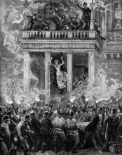 Burning of the Ring Theatre, Vienna: how some were saved - from a sketch by A. Schönauer, 1881. Creator: Unknown.