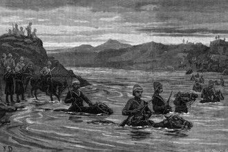 General Sir Evelyn Wood reconnoitring with the 15th Hussars across the Buffalo River, 1881. Creator: W. I. Mosses.
