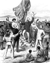 Hoisting the British Flag in New Guinea: Mr. H. M. Chester...calling for cheers, 1883. Creator: Unknown.