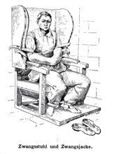 A mental ill patient in a straight jacket and strapped into a chair, 1908. Creator: Unknown.