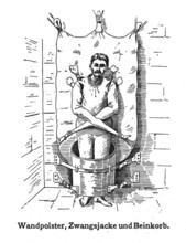 A mentally ill patient in a strait-jacket attached to the wall and a strange barrel..., 1908. Creator: Unknown.
