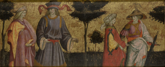 Pairs of Famous Lovers: Paris and Helen [?] and Tristan and Iseult-Front Panel of Cassone, c1430. Creator: Giovanni dal Ponte.