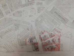 Plan of buildings in Whitehall, Westminster, London, 1874.  Creator: Tom Higgs.