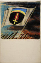 Flag, with flaming sword on shield motif, between 1939 and 1946. Creators: Unknown, Central Office of Information.