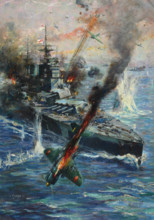 Aircraft attack British battleship, between 1941 and 1946. Creators: Central Office of Information, Terence Tenison Cuneo.