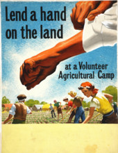 'Lend A Hand On The Land - at a Volunteer Agricultural Camp', World War II poster, c1939-c1945. Creator: John Nunney.