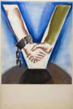 Arms with hands clasped, the arms forming a V-shape, superimposed on globe, between 1939 and 1946. Creators: Unknown, Central Office of Information.