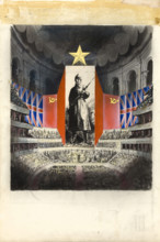 Concert hall [Albert Hall?] and orchestra against picture of Russian infantryman, (c1943?). Creators: Central Office of Information, Unknown.
