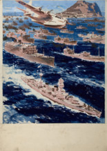 Convoy passing Gibraltar, between 1939 and 1946. Creators: Central Office of Information, Patrick Keely.