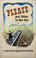 'Please put litter in the bin. Litter becomes salvage if...', WWII poster, between 1939 and 1946. Creators: Central Office of Information, Unknown.
