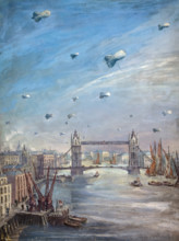 Barrage balloons over the Thames, between 1939 and 1946. Creators: Central Office of Information, Eve Kirk.