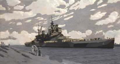 Battleship in Suez Canal [HMS Howe], between 1939 and 1946. Creators: Central Office of Information, Charles Pears.