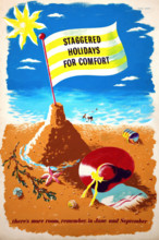 'Staggered holidays for comfort. There's more room...', WWII poster, between 1939 and 1946. Creators: Central Office of Information, Eileen Evans.