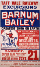 Taff Vale Railway poster advertising the visit of Barnum and Bailey's circus to Cardiff, 1899. Creators: Central Office of Information, Unknown.