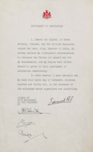 Statement of Abdication from Edward VIII, 10 Dec 1936.  Creator: Unknown.