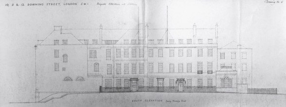 Illustration showing proposed alterations and additions to 10, 11, 12 Downing Street, 1958. Creator: Raymond Erith.