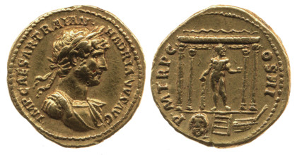 Aureus of Hadrian. Obverse: Laurel head of Hadrian on the right. Reverse: Statue of Hercules, 119... Creator: Numismatic, Ancient Coins  .