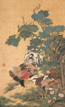 Rooster, Hen and Hydrangeas, c1755. Creator: Jakuchu, Ito (1716-1800).