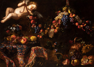 Still Life with a Turkish Carpet and a Putto Holding a Garland of Fruit, c1650. Creator: Noletti (il Maltese), Francesco (1611-1654).
