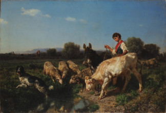 At the watering place. Pastoral scene. Midday. Group of goats and children, 1867. Creator: Palizzi, Filippo (1818-1899).