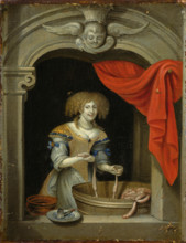 A woman making sausage. Creator: Schalcken, Godfried, (Follower)  .