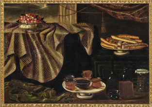 Cherries in a porcelain bowl on a draped table, a plate of cookies, jars of honey..., Early 18th cen Creator: Anonymous.