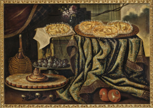 Cake and a glass vase with roses on a draped ledge, a bottle and pewter plates..., Early 18th cen. Creator: Anonymous.