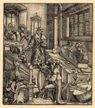 Der Weisskunig: The young Maximilian in a room filled with a wide range of musicals..., 1514-16. Creator: Burgkmair, Hans, the Elder (1473-1531).