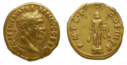 Aureus of Trajan. Obverse: Laurel head of Trajan on the right. Reverse: Statue of Hercules naked. Creator: Numismatic, Ancient Coins  .