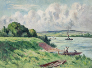 Rolleboise, barques et remorqueur sur le fleuve, 1919. Creator: Luce, Maximilien (1858-1941).