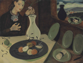 Assiette de fruits et femme disposant des fleurs dans un vase, c1947. Creator: Derain, Andrè (1880-1954).