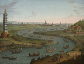 A capriccio with the French Ambassador approaching the King of Siam's Palace in a state barge... Creator: Joli, Antonio (1700-1777).