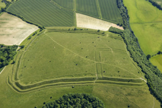 Hod Hill, an Iron Age multivallate hillfort earthwork, near Stourpaine, Dorset, 2022.  Creator: Damian Grady.