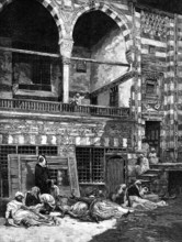 The Cholera in Egypt: scene in the courtyard of a house at Cairo, 1883. Creator: George Montbard.