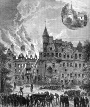 Fire at Cortachy Castle, Scotland, the seat of the Earl of Airlie, 1883. Creator: Unknown.