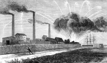The Explosion of the Rocket Factory at Woolwich Arsenal, as seen from Plumstead Marshes, 1883. Creator: Unknown.