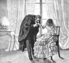 I believe it, she murmured, and held out her...hand, which he raised reverently to his lips, 1883. Creator: R. Taylor.