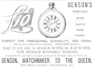 Advertisement for Benson's watches, 1883. Creator: Unknown.