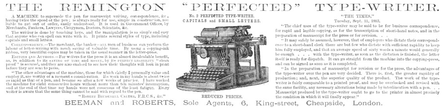 The Remington "Perfected" type-writer, 1883. Creator: Unknown.
