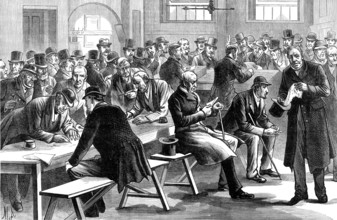 Sketches in Scotland-Yard: pension-day for the retired policemen, 1883. Creator: Unknown.