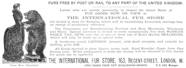 Advertisement for the International Fur Store, 1883. Creator: Unknown.