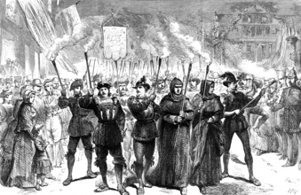 Torch procession at Wittenberg...anniversary of Luther's...theses on the church door in 1517, (1883) Creator: Unknown.