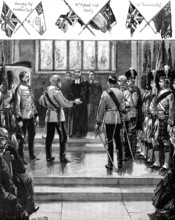 Placing the old Scottish Regimental Colours in St. Giles' Cathedral, Edinburgh, 1883. Creator: Unknown.