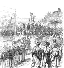 Sketches of the Insurrection in Servia; Insurgents Marching through Paratchin, 1883.  Creator: Unknown.