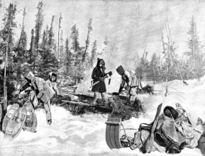 Lord Lonsdale’s Travels in North America: noonday halt, temperature 55 degrees below zero, 1890. Creator: H. F. Davey.