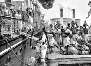 Emin Pasha Relief Expedition, Banana Point..transferring passengers to a Congo River steamboat, 1890 Creator: P Naumann.