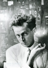 Egon Schiele in front of the painting "Waldandacht" (Forest prayers), 1915.