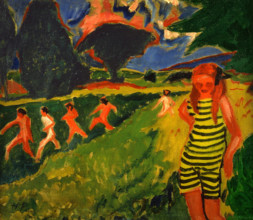 The black-and-yellow striped bathing suit, 1909. Creator: Max Pechstein.