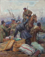 The distribution of Easter presents at the front, 1915. Creator: Stepan Fedorovic Kolesnikov.
